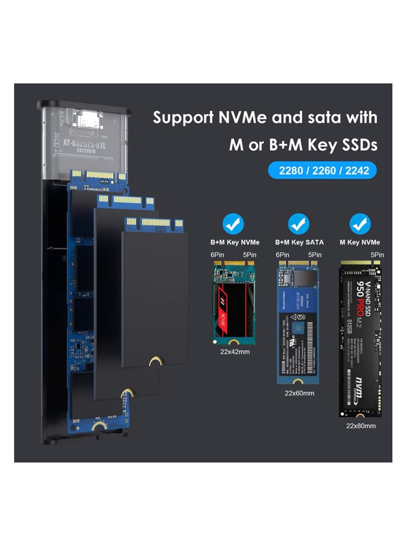 M.2 NVME SATA SSD Enclosure Aluminum Adapter, Hard Drive Enclosure, USB C Gen 2 NVME PCIe 10Gbps SATA M-Key/B+M Key External SSD Adapter, M.2 SSD Enclosure for 2230/2242/2260/2280, Support UASP Trim