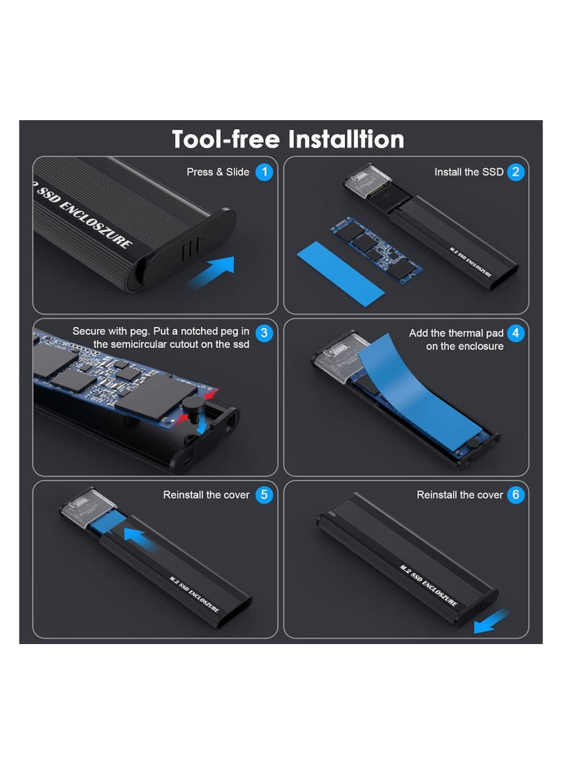 M.2 NVME SATA SSD Enclosure Aluminum Adapter, Hard Drive Enclosure, USB C Gen 2 NVME PCIe 10Gbps SATA M-Key/B+M Key External SSD Adapter, M.2 SSD Enclosure for 2230/2242/2260/2280, Support UASP Trim