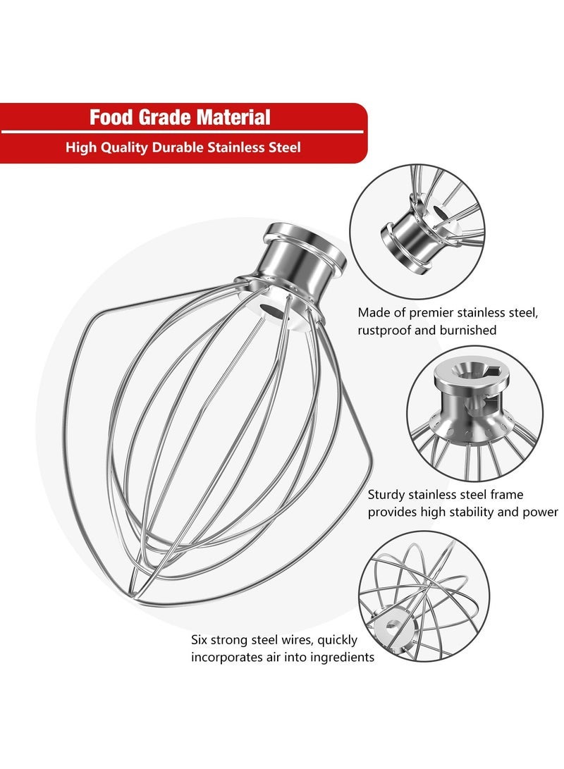 Stainless Steel 6-Wire Whip Attachment for KitchenAid Bowl-Lift Mixer 5 Quart Bowl, Stainless Steel Whisk Replacement for Kitchen Aid Mixer, Dishwasher Safe, Egg Heavy Cream Beater