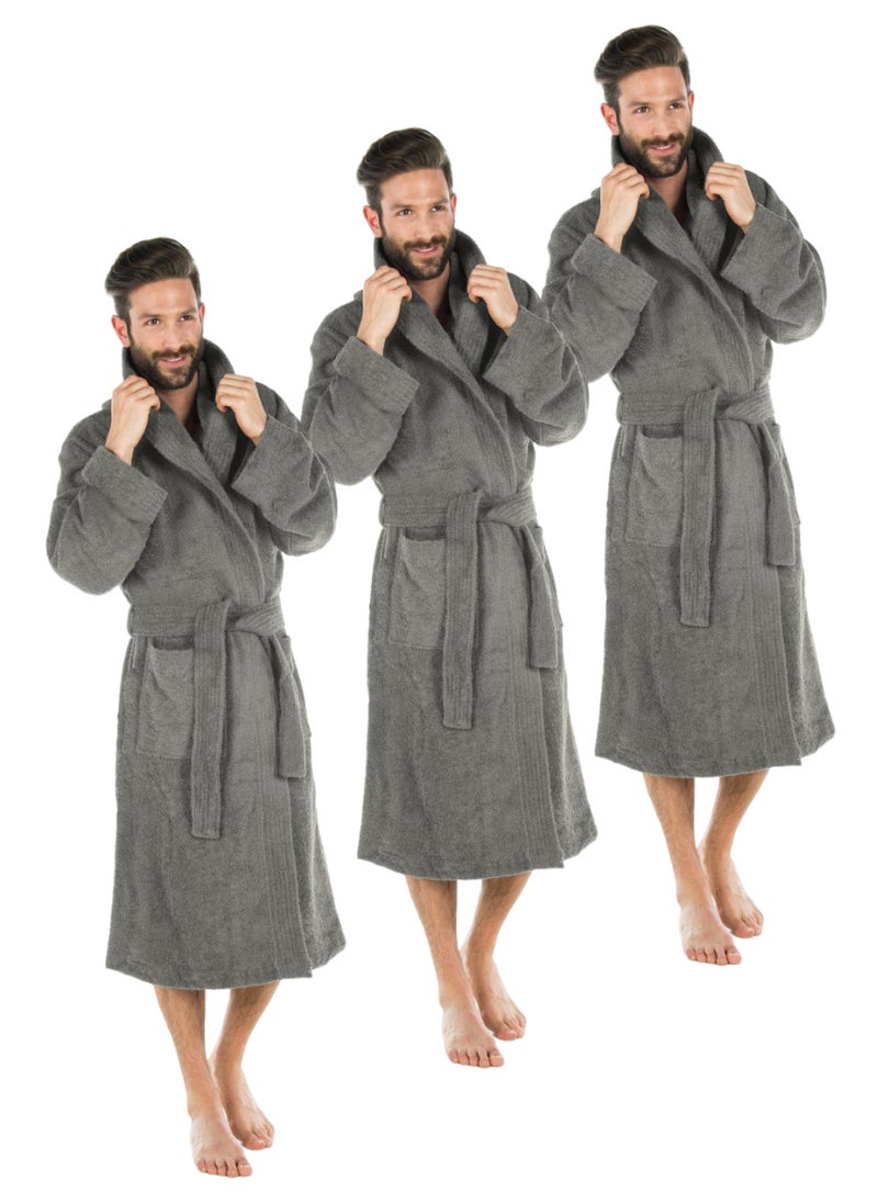 3 Pieces Grey Color Terry Check Design Bathrobe Medium Sizes with Double Front Pockets