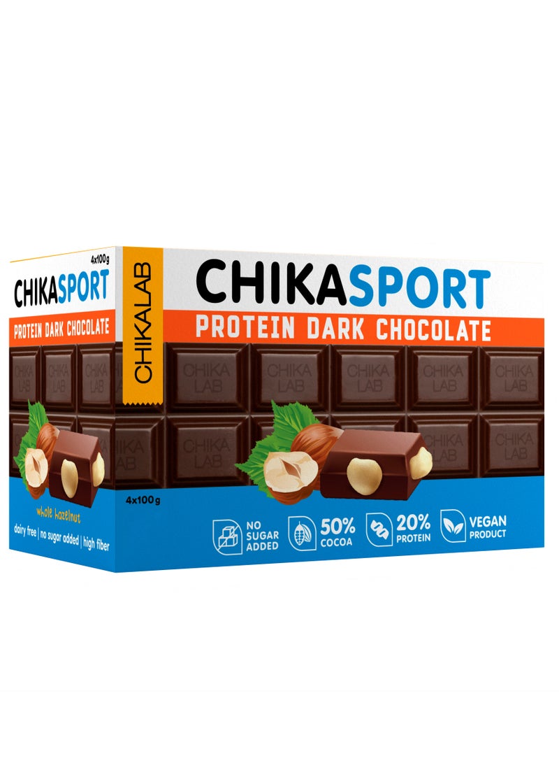 CHIKASPORT Vegan Protein Dark Chocolate with Hazelnut High Fiber, Dairy Free & No Sugar Added 4x100g