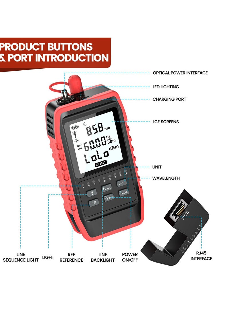 Fiber Optic Tester with Optical Power Meter, Universal FC/SC/ST Interface, RJ45 Network Test, LED Lighting, Mini Portable Fiber Optic Cable Tester, USB Chargeable