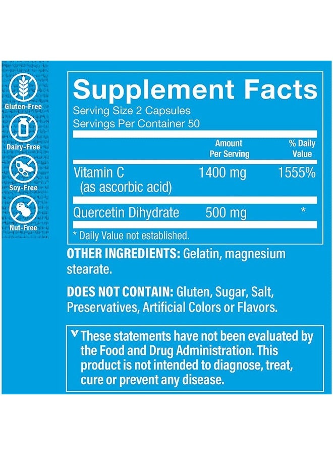 Quercetin + Vitamin C, Citrus Free, Antioxidant That Supports A Healthy Immune for All Seasons (100 Capsules)