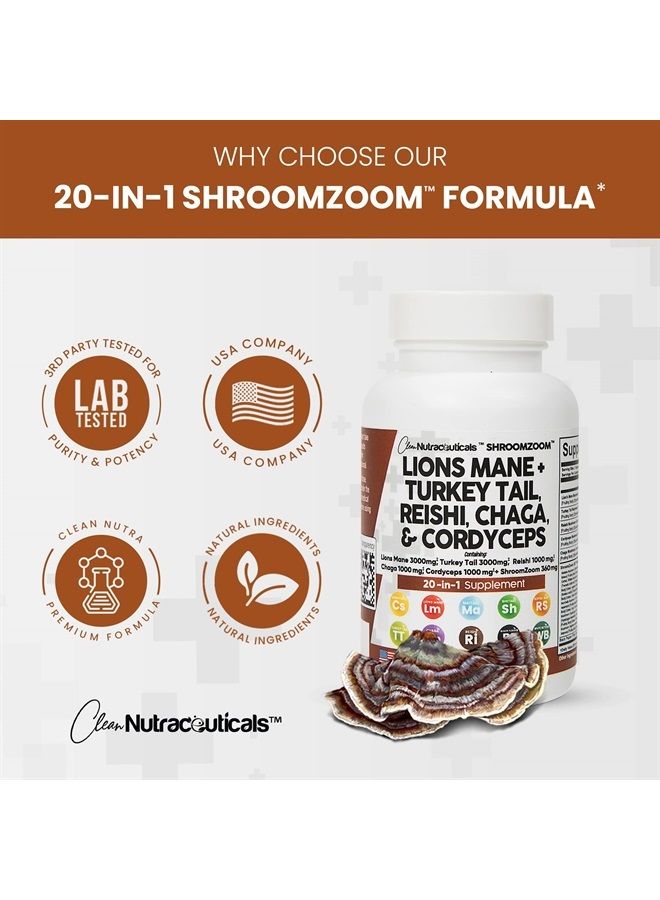 Lions Mane 3000mg 20in1 Mushroom Supplement with Turkey Tail 2000mg Reishi 1000mg Cordyceps Chaga 1000mg Maitake Meshima Poria Cocos Shiitake Oyster Porcini Enoki Cognitive, Energy, Focus Pills USA