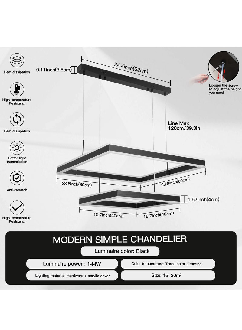 Classic Chandelier Living Room Modern Large Black 60cm 2 Layer Square Shape Chandelier Light Suitable for Dining Room Table and Bedroom,Adjustable Color Temperature Acrylic