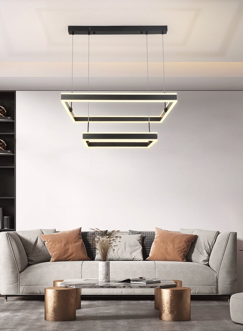 Classic Chandelier Living Room Modern Large Black 60cm 2 Layer Square Shape Chandelier Light Suitable for Dining Room Table and Bedroom,Adjustable Color Temperature Acrylic