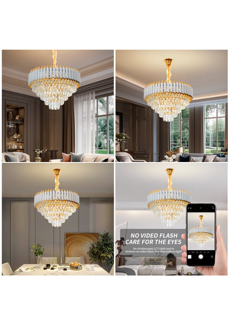 Elegant Golden Crystal Chandelier - Round Luminaire, Luxurious Ceiling Light with Sparkling Pendant. Modern & Adjustable, Ideal for Living & Dining Rooms, Bedrooms ,10 Bulbs,Three Color Dimming