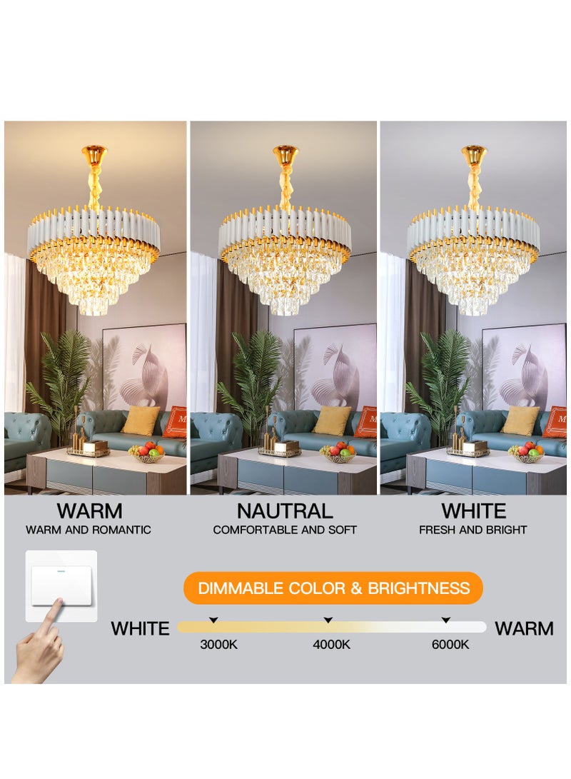 Elegant Golden Crystal Chandelier - Round Luminaire, Luxurious Ceiling Light with Sparkling Pendant. Modern & Adjustable, Ideal for Living & Dining Rooms, Bedrooms ,10 Bulbs,Three Color Dimming