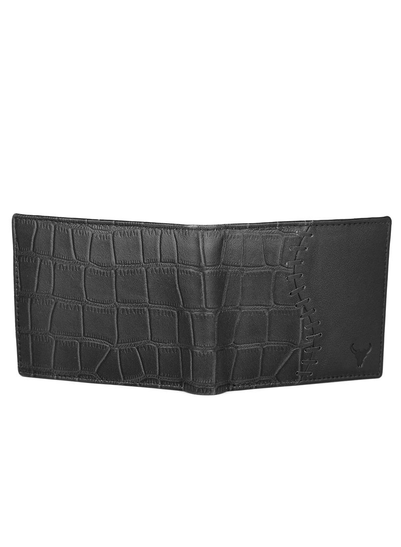 Black Leather Wallet for Men I 4 Card Slots I 2 Currency Compartments I 1 ID Window I 3 Secret Compartments I External Card Slot I 1 Coin Pocket