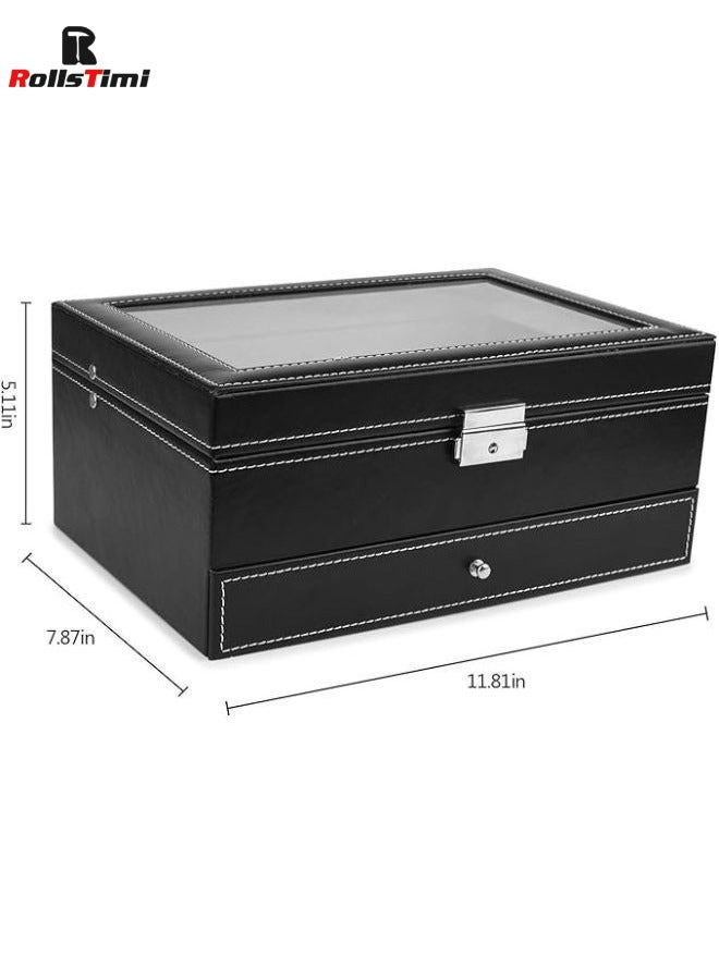 12 Slots Watch Case with Jewelry Organizer Drawer for Women Men, PU Leather Watch Collection Box with Glass Lid & Removable Pillows