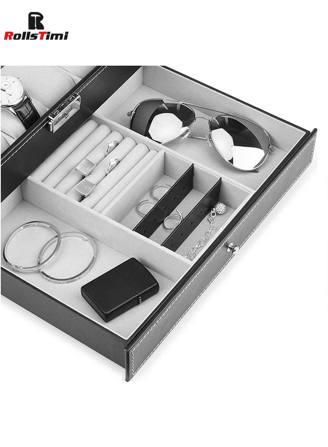 12 Slots Watch Case with Jewelry Organizer Drawer for Women Men, PU Leather Watch Collection Box with Glass Lid & Removable Pillows