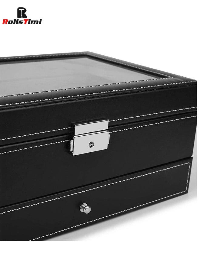 Multipurpose Watch Box 12 Slots 2 Layers with Clear Top PU Leather Watch Display Case, Watch Box Jewelry Organizer Black