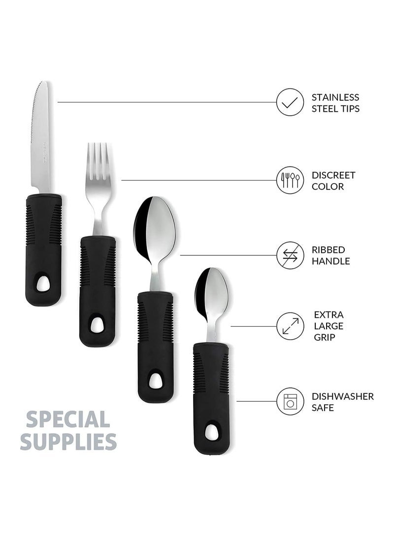 Wide Handles Easy Grip Cutlery Set Chunky Handles Corfort Grips Disability Ideal Dining aid for Elderly Disabled Arthritis Parkinson's Disease Tremors Sufferers 4PCS Black