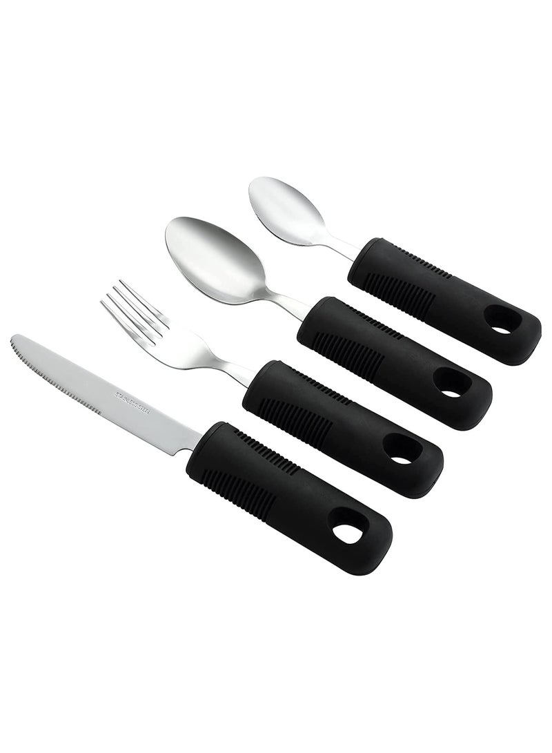 Wide Handles Easy Grip Cutlery Set Chunky Handles Corfort Grips Disability Ideal Dining aid for Elderly Disabled Arthritis Parkinson's Disease Tremors Sufferers 4PCS Black