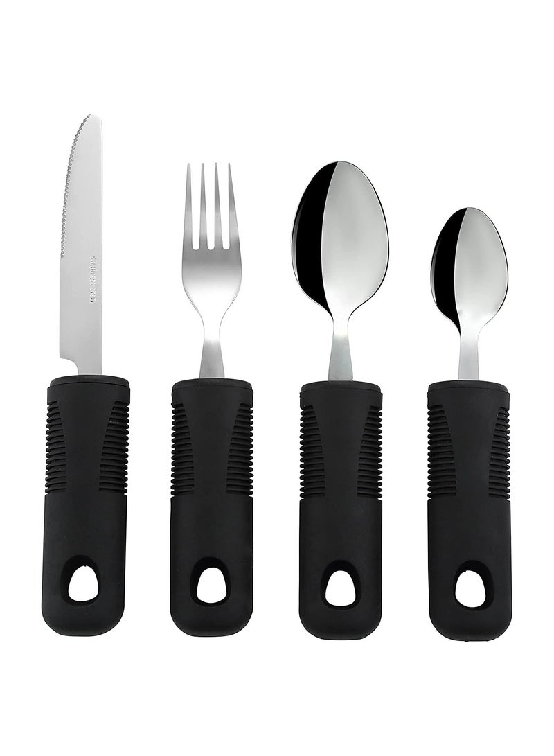 Wide Handles Easy Grip Cutlery Set Chunky Handles Corfort Grips Disability Ideal Dining aid for Elderly Disabled Arthritis Parkinson's Disease Tremors Sufferers 4PCS Black