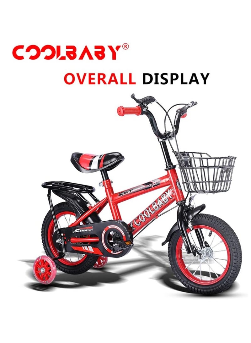 COOLBABY Kids Bike with Handbrake and Basket for Girls Ages 3-9, 12 Inch Bike with Training Wheels and Fenders, Kids Bike