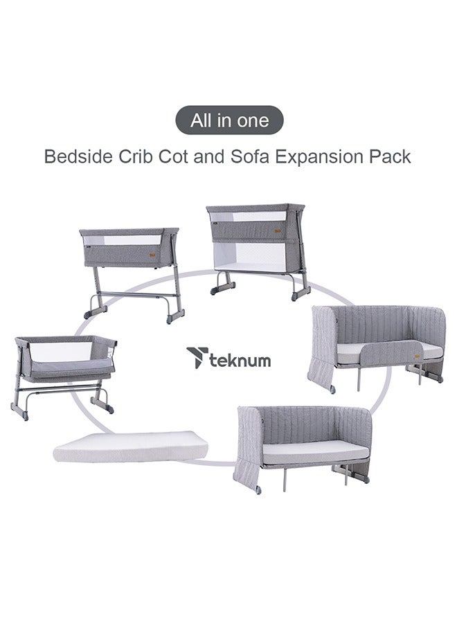 All In One, 0-4 Years Bedside Crib Cot And Sofa Expansion Pack - Grey