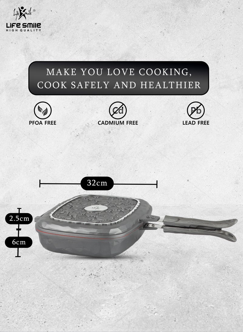 32CM Smart Double Grill Pan - Stone Design - 100% PFOA FREE - Flipping Grill Frying Pan | Multiple Hob Compatibility