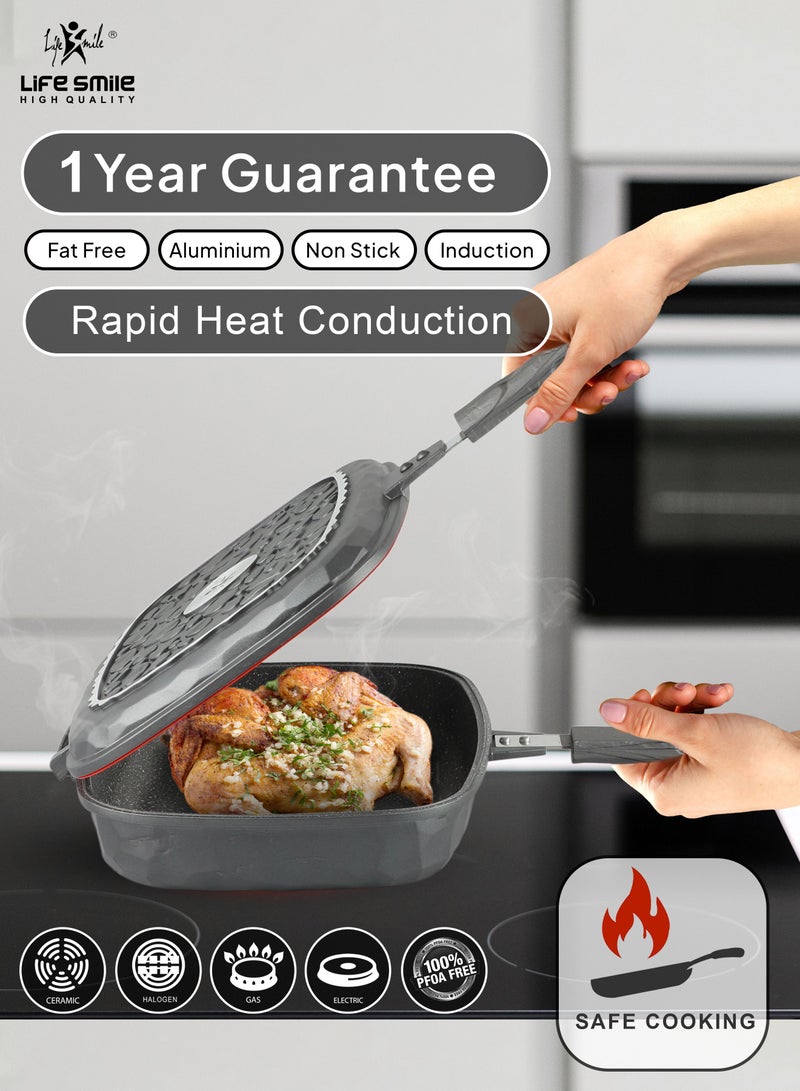32CM Smart Double Grill Pan - Stone Design - 100% PFOA FREE - Flipping Grill Frying Pan | Multiple Hob Compatibility