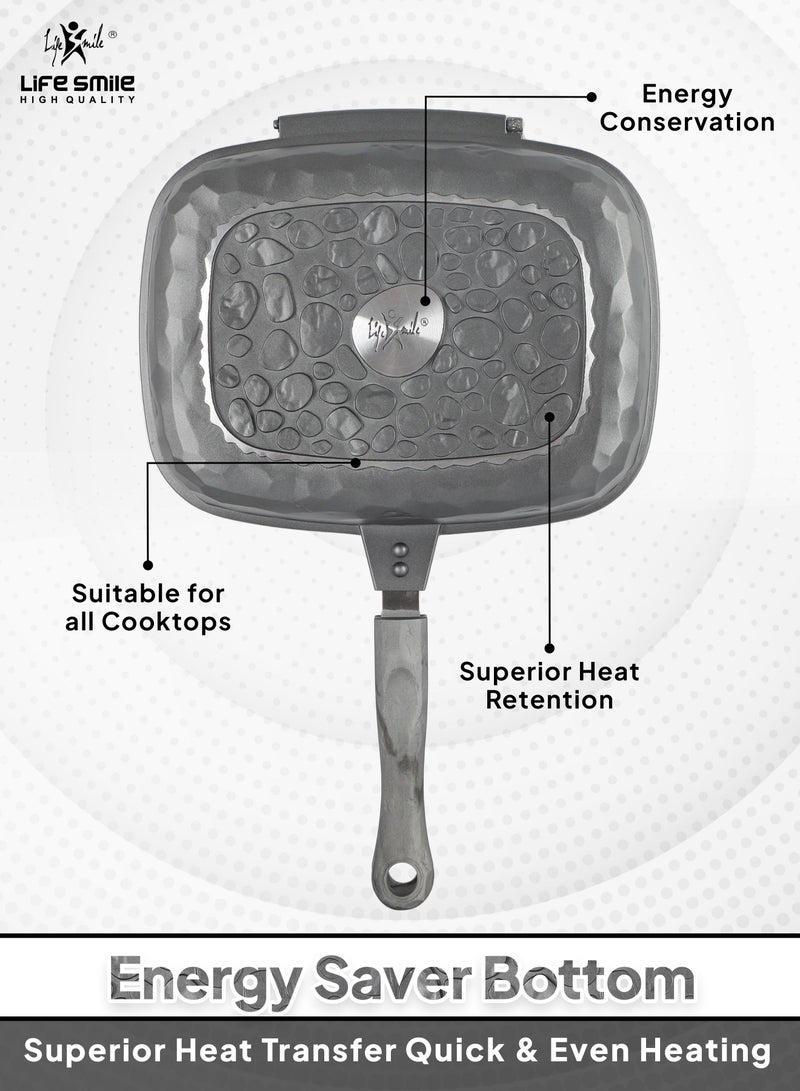 32CM Smart Double Grill Pan - Stone Design - 100% PFOA FREE - Flipping Grill Frying Pan | Multiple Hob Compatibility