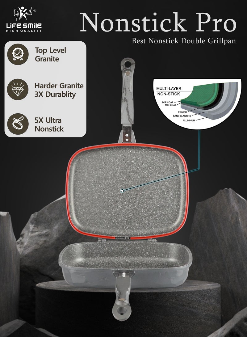 32CM Smart Double Grill Pan - Stone Design - 100% PFOA FREE - Flipping Grill Frying Pan | Multiple Hob Compatibility