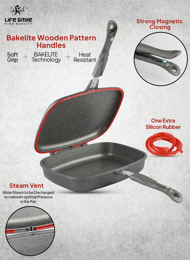 32CM Smart Double Grill Pan - Stone Design - 100% PFOA FREE - Flipping Grill Frying Pan | Multiple Hob Compatibility