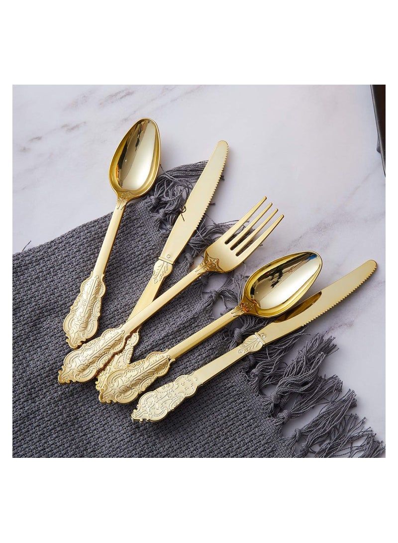 60 Gold Plastic Silverware Set, Disposable Utensils, Including 20plastic Forks, 20 Knives, 20 Spoons, Heavyweight Cutlery Set, for Vintage Wedding Anniversary, Party Flatware Plastic, Texture of Metal