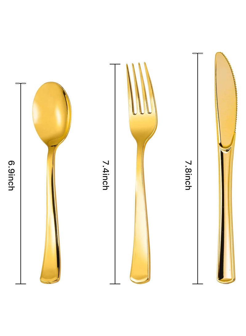 75 Pcs Gold Plastic Silverware, Gold Disposable Silverware, Include 25 Forks, 25 Spoons, 25 Knives, Gold Plastic Flatware, Gold Cutlery Set Disposable for Weddings, Birthdays Party and Daily Use