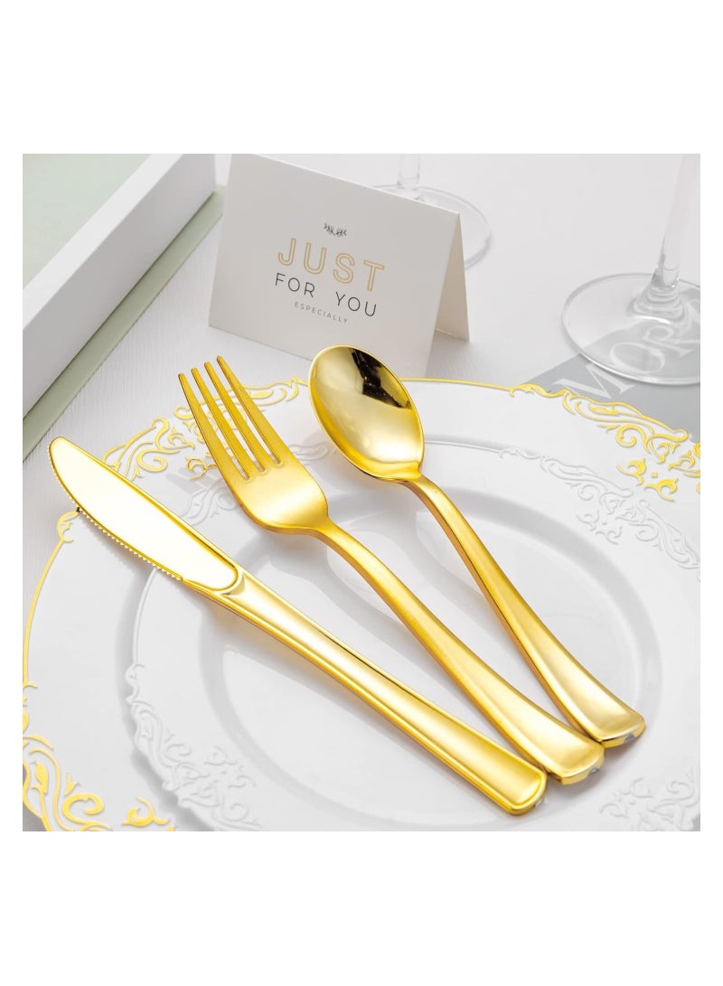 75 Pcs Gold Plastic Silverware, Gold Disposable Silverware, Include 25 Forks, 25 Spoons, 25 Knives, Gold Plastic Flatware, Gold Cutlery Set Disposable for Weddings, Birthdays Party and Daily Use