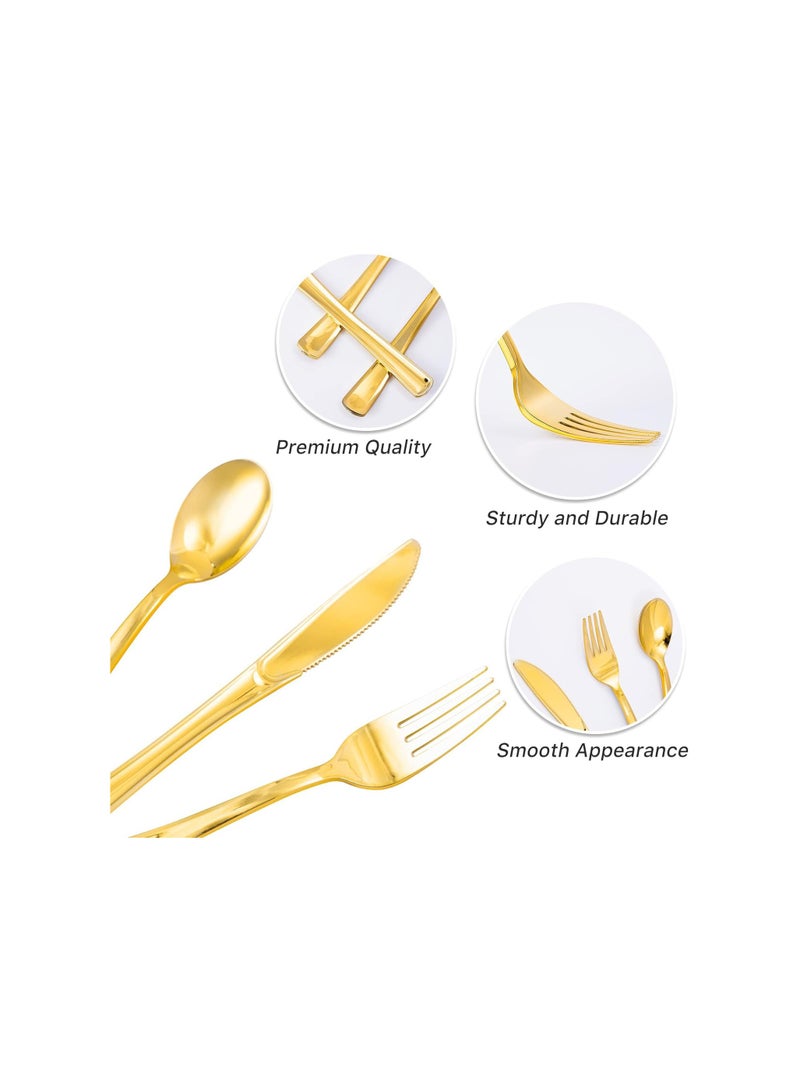 75 Pcs Gold Plastic Silverware, Gold Disposable Silverware, Include 25 Forks, 25 Spoons, 25 Knives, Gold Plastic Flatware, Gold Cutlery Set Disposable for Weddings, Birthdays Party and Daily Use