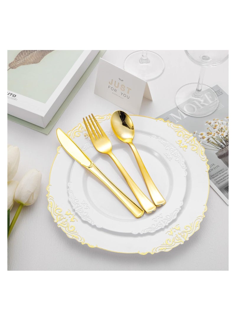 75 Pcs Gold Plastic Silverware, Gold Disposable Silverware, Include 25 Forks, 25 Spoons, 25 Knives, Gold Plastic Flatware, Gold Cutlery Set Disposable for Weddings, Birthdays Party and Daily Use