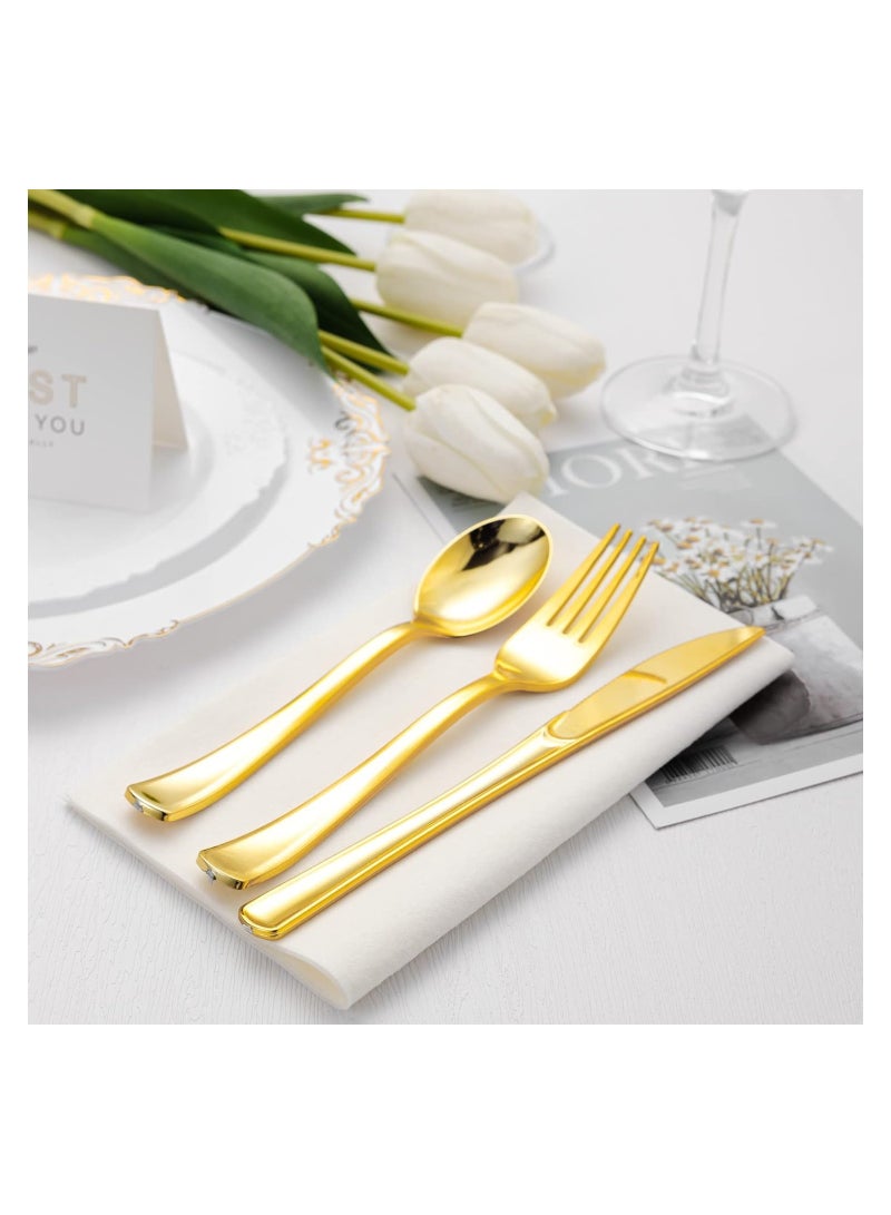 75 Pcs Gold Plastic Silverware, Gold Disposable Silverware, Include 25 Forks, 25 Spoons, 25 Knives, Gold Plastic Flatware, Gold Cutlery Set Disposable for Weddings, Birthdays Party and Daily Use