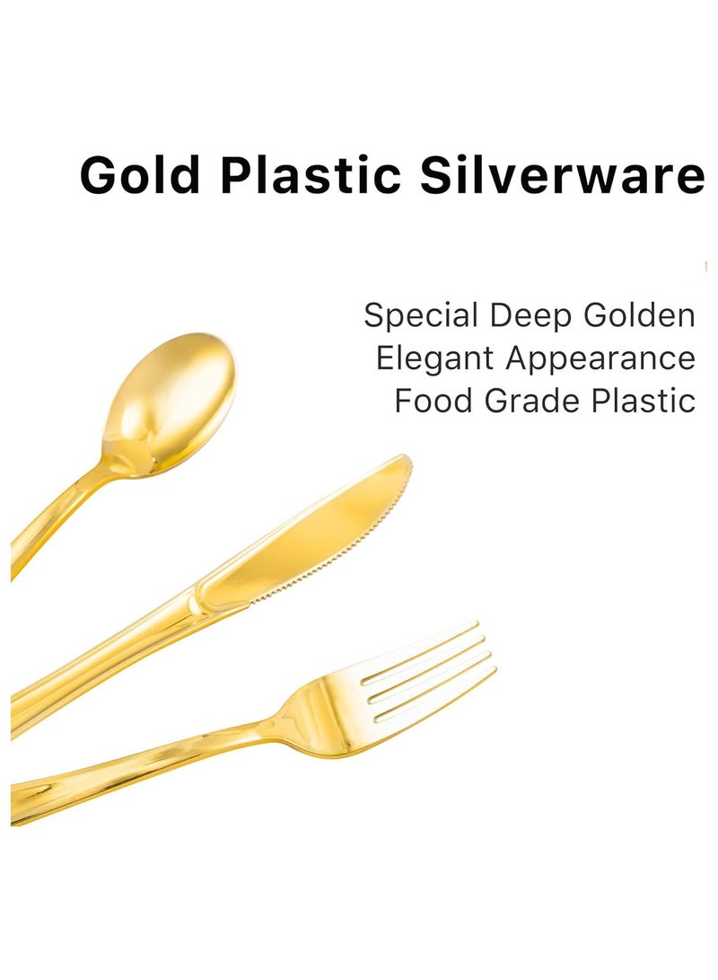 75 Pcs Gold Plastic Silverware, Gold Disposable Silverware, Include 25 Forks, 25 Spoons, 25 Knives, Gold Plastic Flatware, Gold Cutlery Set Disposable for Weddings, Birthdays Party and Daily Use