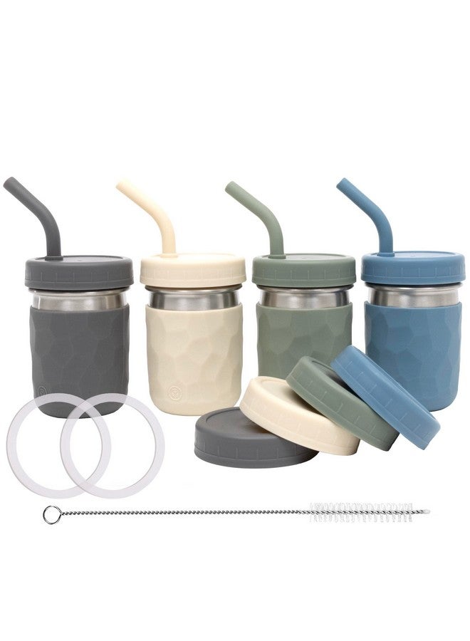 2In1 Drinking Cups For Kids Stainless Steel Cups For Smoothies Silicone Straws With Straw Stoppers Premium Plastic Twist Lids Easygrip Sleeves Set Of 4 Dishwasher Safe Kid Cups