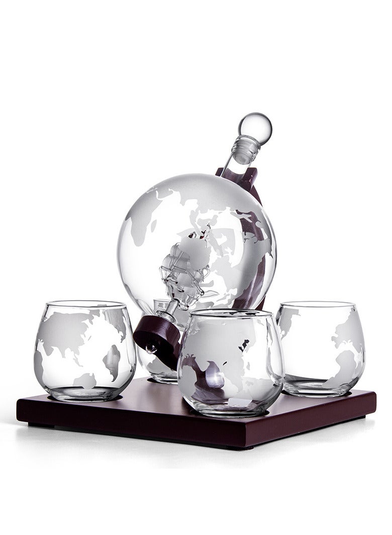 Whiskey Decanter Globe Set with 4 Etched Whiskey Glasses,Reusable Whiskey Stone Ice Cubes, Cherry Wood Stand, Pour Funnel- for Scotch Bourbon,Gifts For Men - 850ml