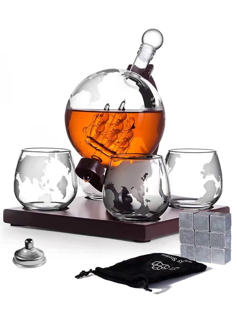 Whiskey Decanter Globe Set with 4 Etched Whiskey Glasses,Reusable Whiskey Stone Ice Cubes, Cherry Wood Stand, Pour Funnel- for Scotch Bourbon,Gifts For Men - 850ml