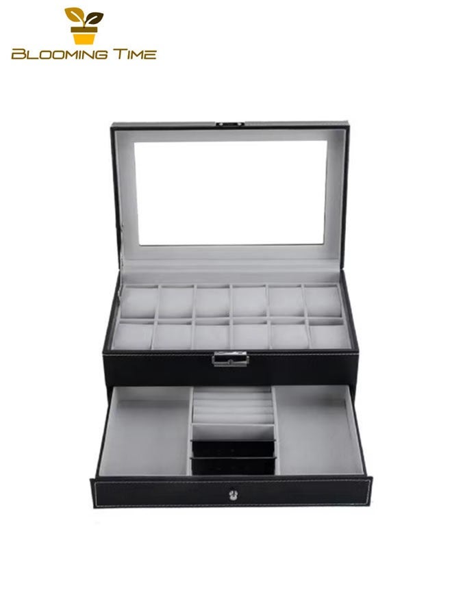 12-slot watch box with jewelry organizer drawer, PU leather watch collection box