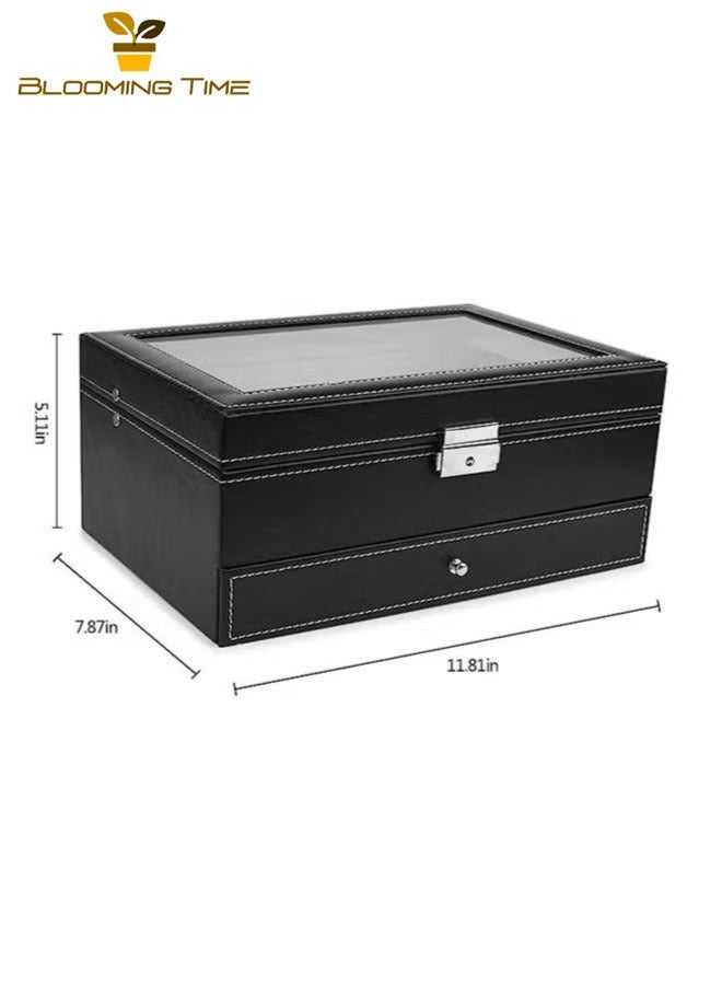 12-slot watch box with jewelry organizer drawer, PU leather watch collection box