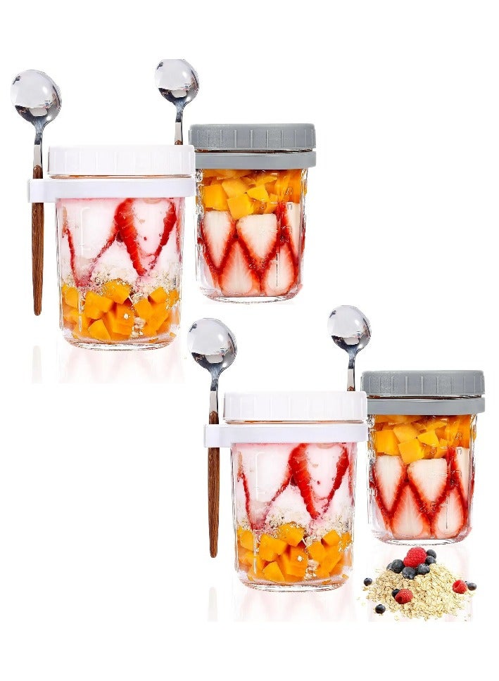 4Pcs Yogurt Cup Sealed Overnight Oatmeal Cup 350ml Breakfast Cup with Spoon Portable Glass Salad Tin