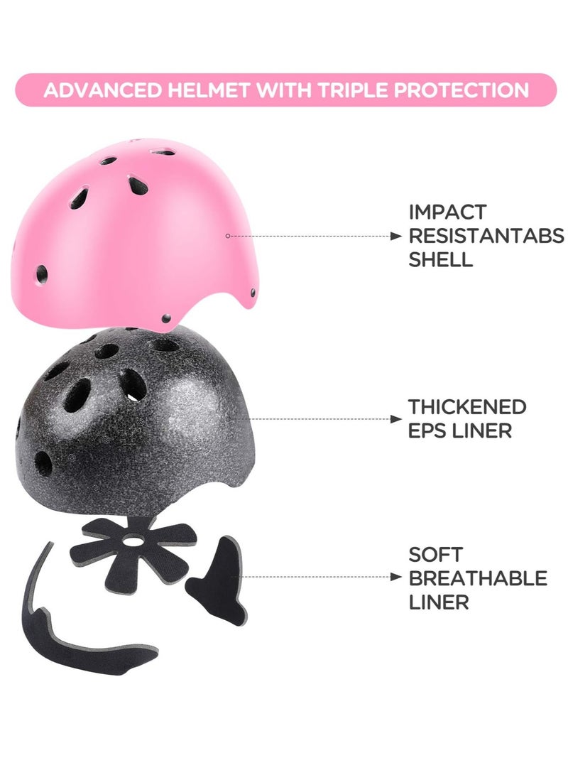 Kids Bike Helmet Set Skateboard Knee Pads Kids Helmet Elbow Pads Wrist Guards Adjustable for 2~8yrs Girl Boy Kids Protective Gear Set for Sport Cycling Bike Roller Skating Scooter (Pink)