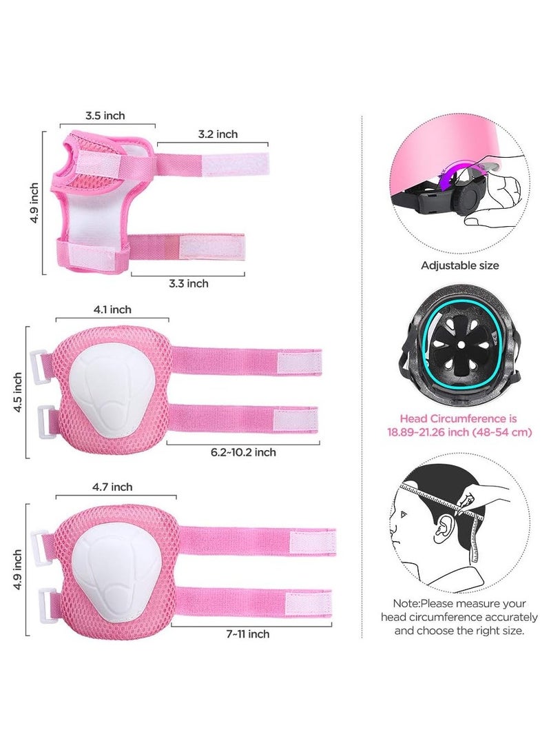 Kids Bike Helmet Set Skateboard Knee Pads Kids Helmet Elbow Pads Wrist Guards Adjustable for 2~8yrs Girl Boy Kids Protective Gear Set for Sport Cycling Bike Roller Skating Scooter (Pink)
