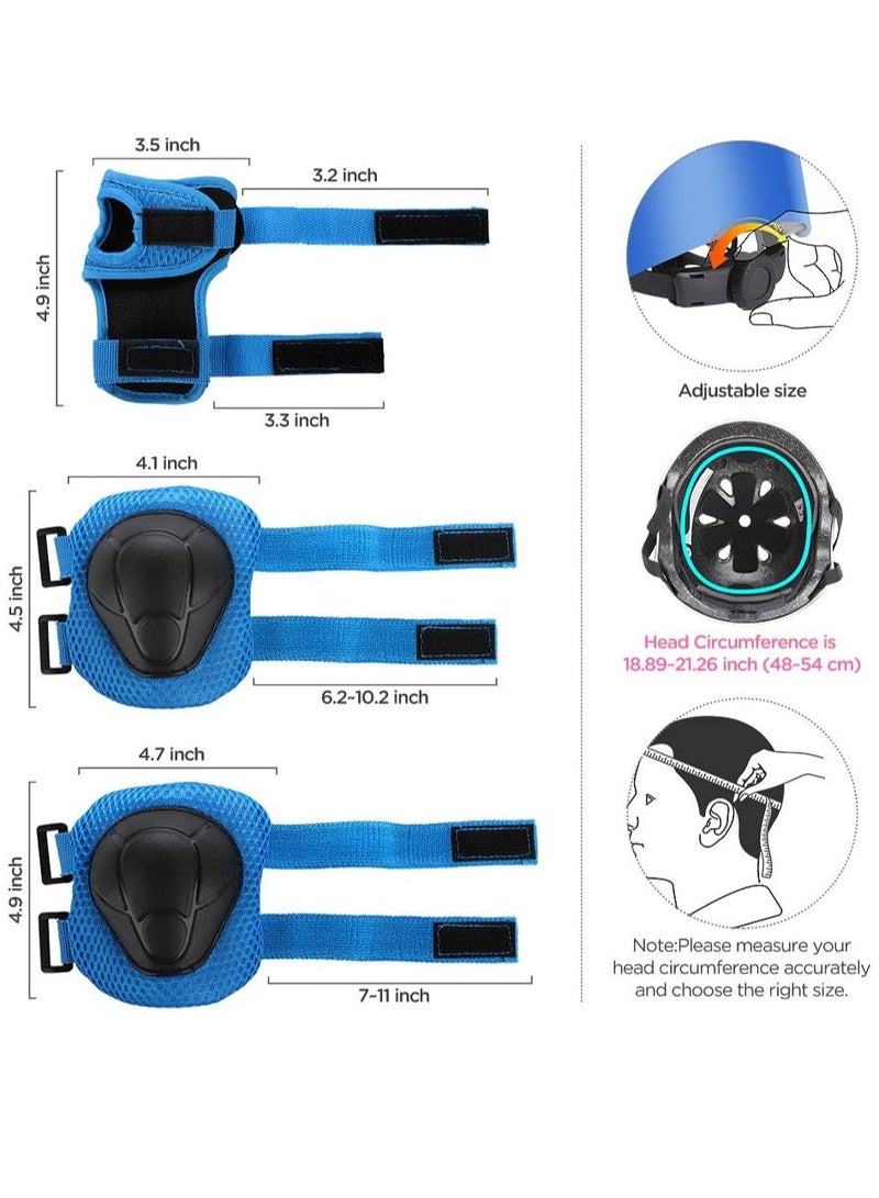 Kids Bike Helmet Set Skateboard Knee Pads Kids Helmet Elbow Pads Wrist Guards Adjustable for 2~8yrs Girl Boy Kids Protective Gear Set for Sport Cycling Bike Roller Skating Scooter (Blue)