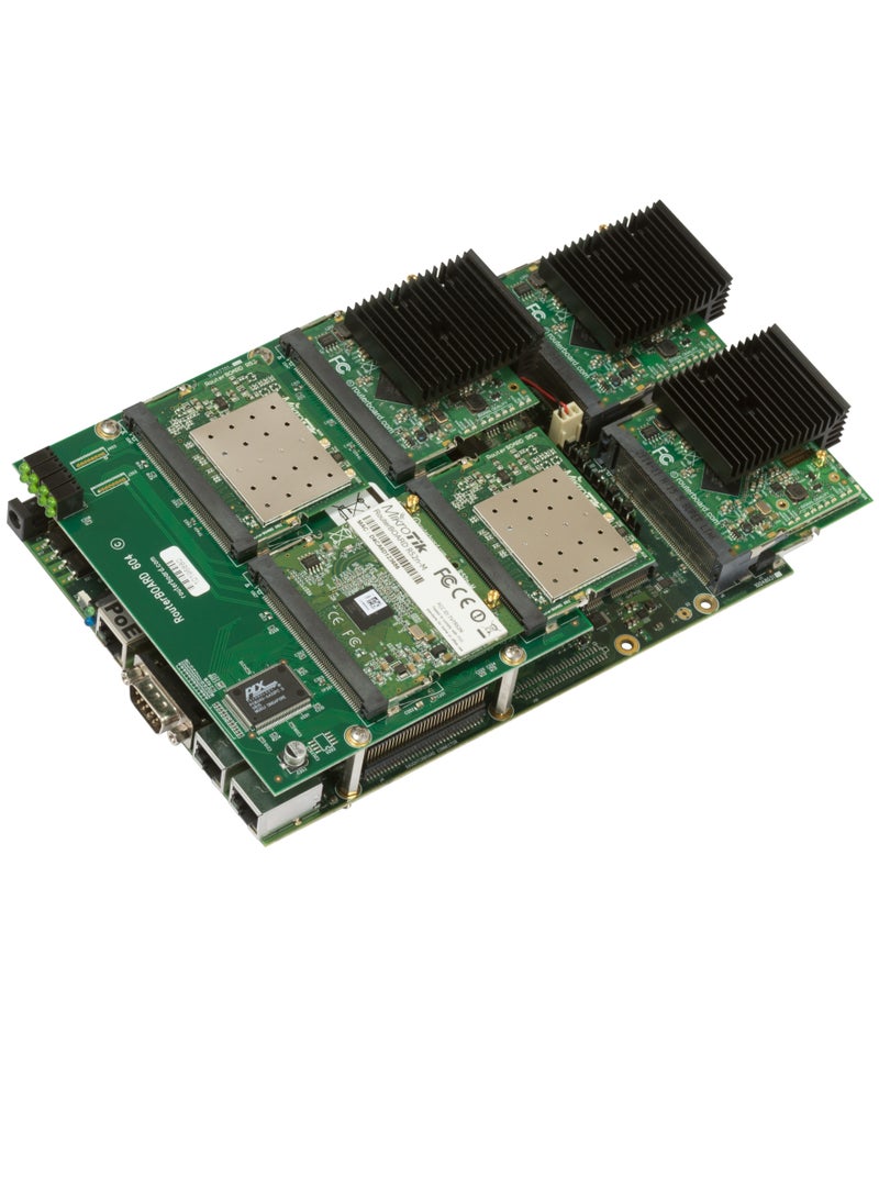 800MHz CPU, 256MB RAM, 3x Gigabit Ethernet, 4x miniPCI, MiniPCI-express, Daughterboard Connector RouterOS L6 Green