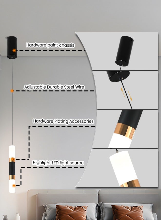 LED Pendant Lamp - Modern Adjustable Height Dimmable Cylinder Lamp for Dining, Living, Bedroom, Kitchen Island & Office - Black, 3000K-6000K, 8W, Three Color Dimming