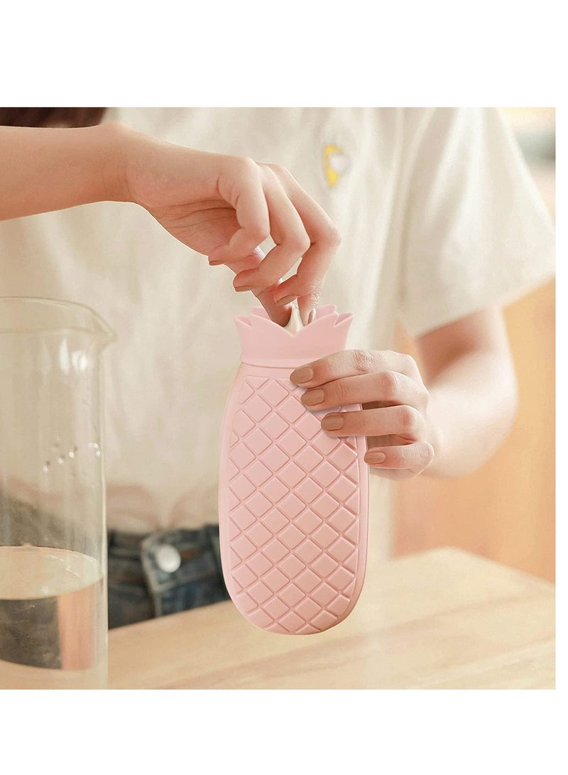 Hot Water Bottle with Cover Knitted, Warm Water Bag for Menstrual Cramps Neck, Shoulder Pain, Rubber, Hot Water Bag Gift for Girlfriend, Mather, Valentine's Day, Gift Exchange (Pineapple - Pink)
