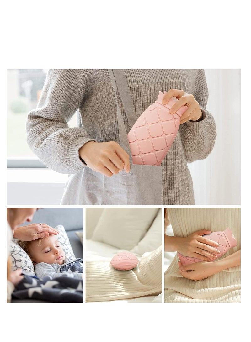 Hot Water Bottle with Cover Knitted, Warm Water Bag for Menstrual Cramps Neck, Shoulder Pain, Rubber, Hot Water Bag Gift for Girlfriend, Mather, Valentine's Day, Gift Exchange (Pineapple - Pink)