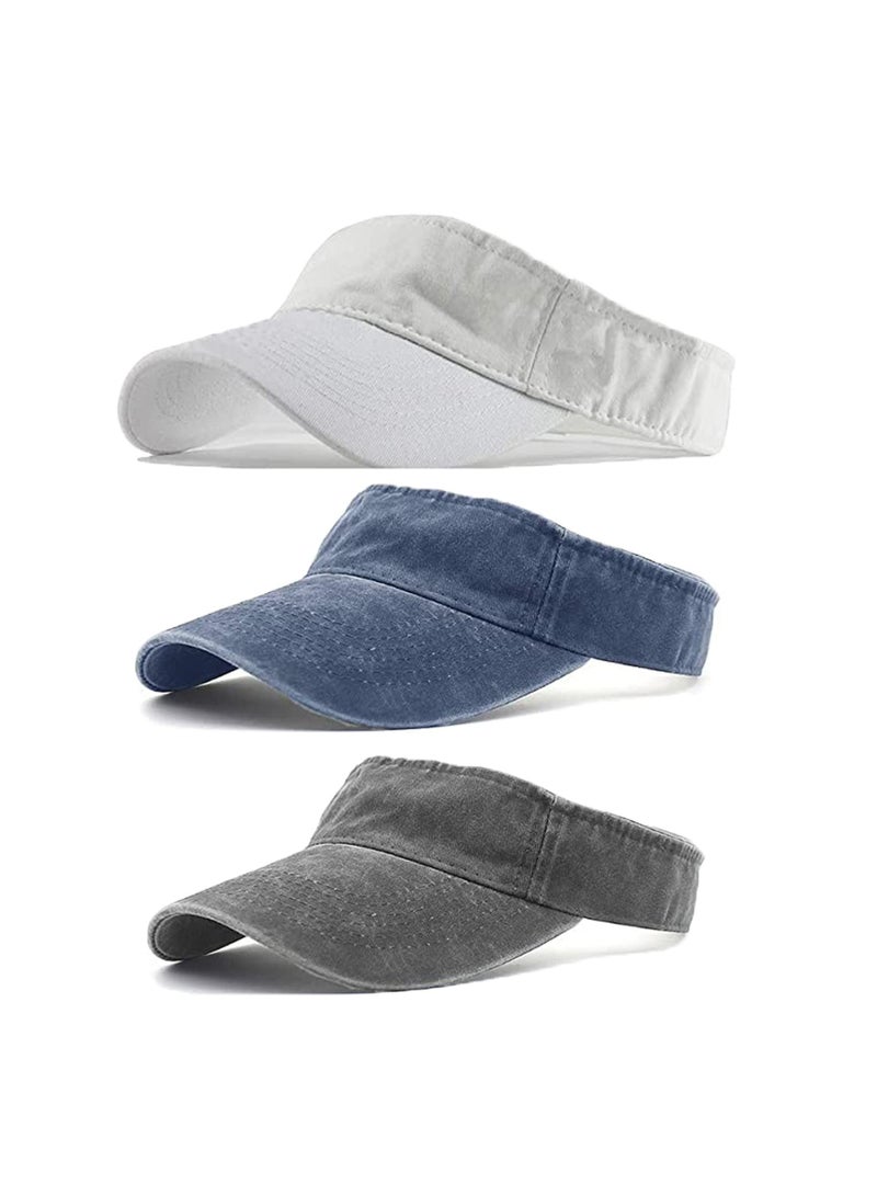 SYOSI 3 Pack Sun Visor Hats Cooling Lightweight Sports Adjustable Washed Cowboy Hat Twill Cotton Run Visors(White, Navy, Grey)