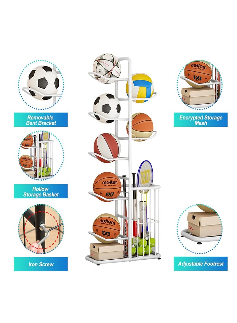 Basketball Display Rack with Storage Basket for Household, Sports Equipment Rack Garage Sports Organizer Display Stand for Balls