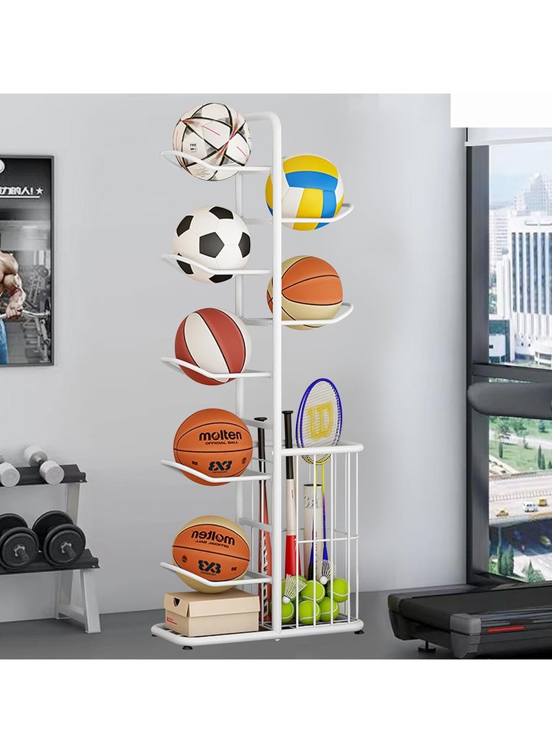 Basketball Display Rack with Storage Basket for Household, Sports Equipment Rack Garage Sports Organizer Display Stand for Balls