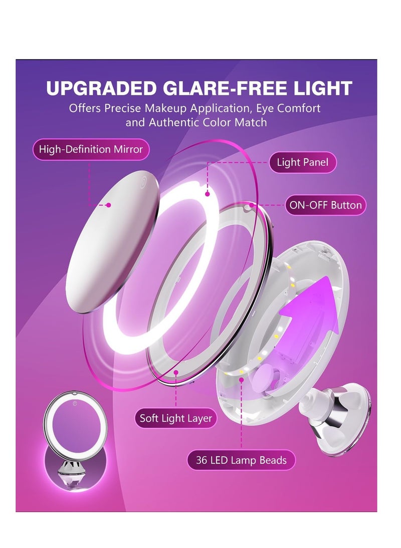 Upgraded 10X Magnifying Lighted Makeup Mirror with 3 Color Lights, Touch Control, Dimmable Lighted Vanity Mirror with Power Suction Cup, 360° Swivel, Portable Bathroom Mirror for Home Travel